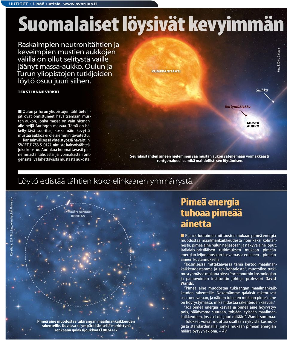 Calçada Oulun ja Turun yliopistojen tähtitieteilijät ovat onnistuneet havaitsemaan mustan aukon, jonka massa on vain hieman alle neljä Auringon massaa.