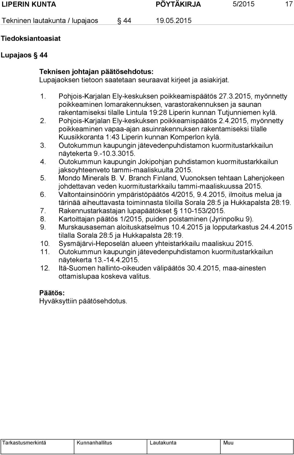 Pohjois-Karjalan Ely-keskuksen poikkeamispäätös 2.4.2015, myönnetty poikkeaminen vapaa-ajan asuinrakennuksen rakentamiseksi tilalle Kuusikkoranta 1:43 Liperin kunnan Komperlon kylä. 3.