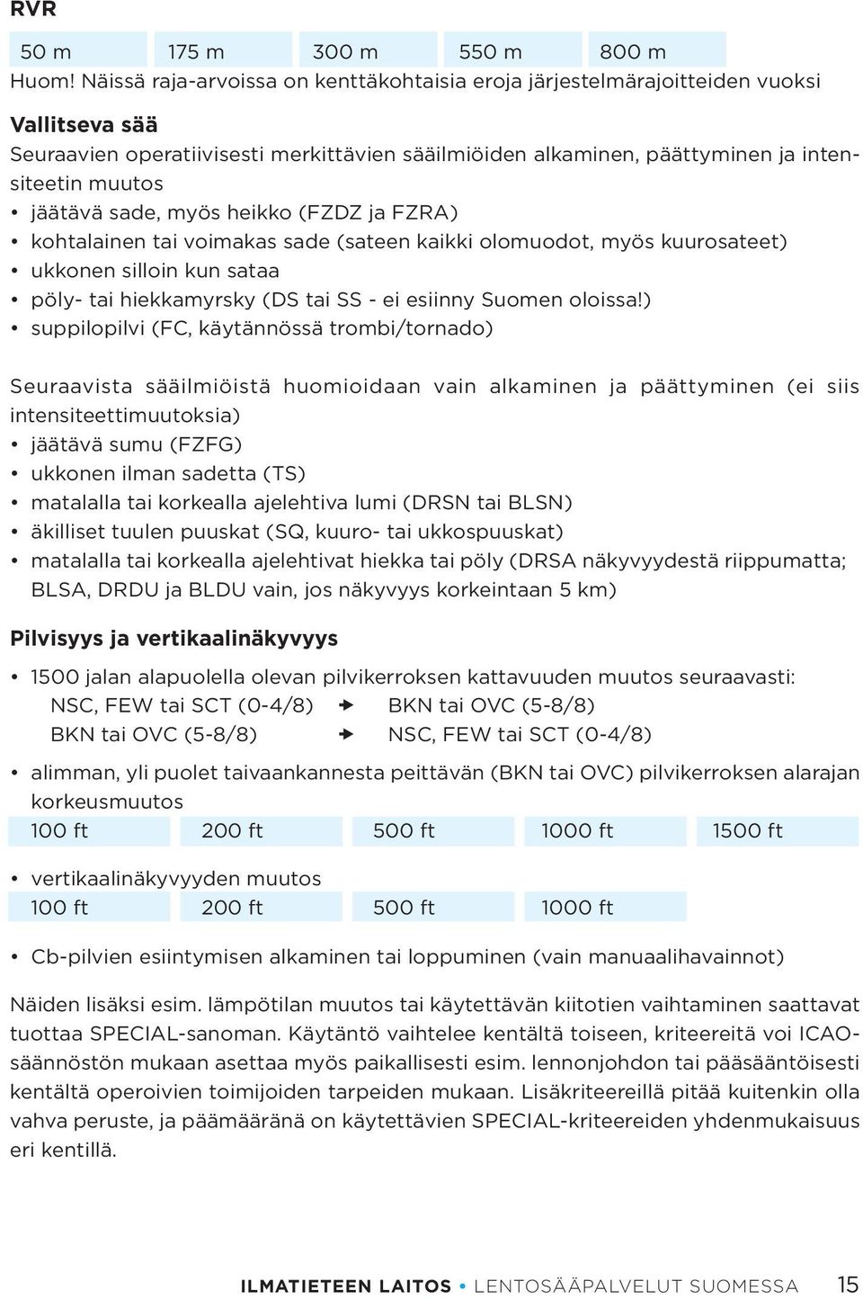 sade, myös heikko (FZDZ ja FZRA) kohtalainen tai voimakas sade (sateen kaikki olomuodot, myös kuurosateet) ukkonen silloin kun sataa pöly- tai hiekkamyrsky (DS tai SS - ei esiinny Suomen oloissa!