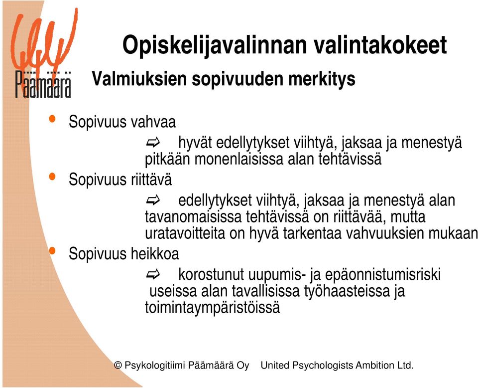 alan tavanomaisissa tehtävissä on riittävää, mutta uratavoitteita on hyvä tarkentaa vahvuuksien mukaan