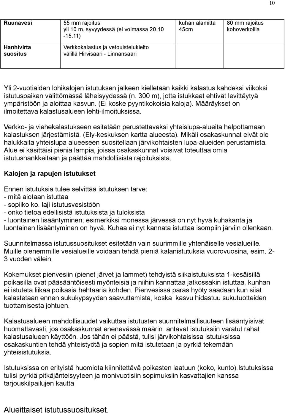 kielletään kaikki kalastus kahdeksi viikoksi istutuspaikan välittömässä läheisyydessä (n. 300 m), jotta istukkaat ehtivät levittäytyä ympäristöön ja aloittaa kasvun. (Ei koske pyyntikokoisia kaloja).