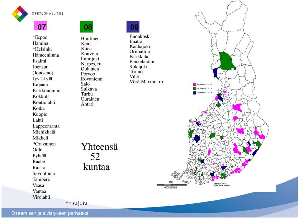 Virolahti *= su ja ru Huittinen Kemi Kitee Kouvola Lumijoki Närpes, ru Oulainen Porvoo Rovaniemi Salo Sulkava Turku