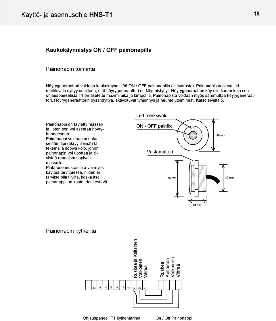 Höyrygeneraattori käy niin kauan kuin sen ohjauspaneelista T1 on asetettu maximi aika ja lämpötila. Painonapista voidaan myös sammuttaa höyrygeneraattori.