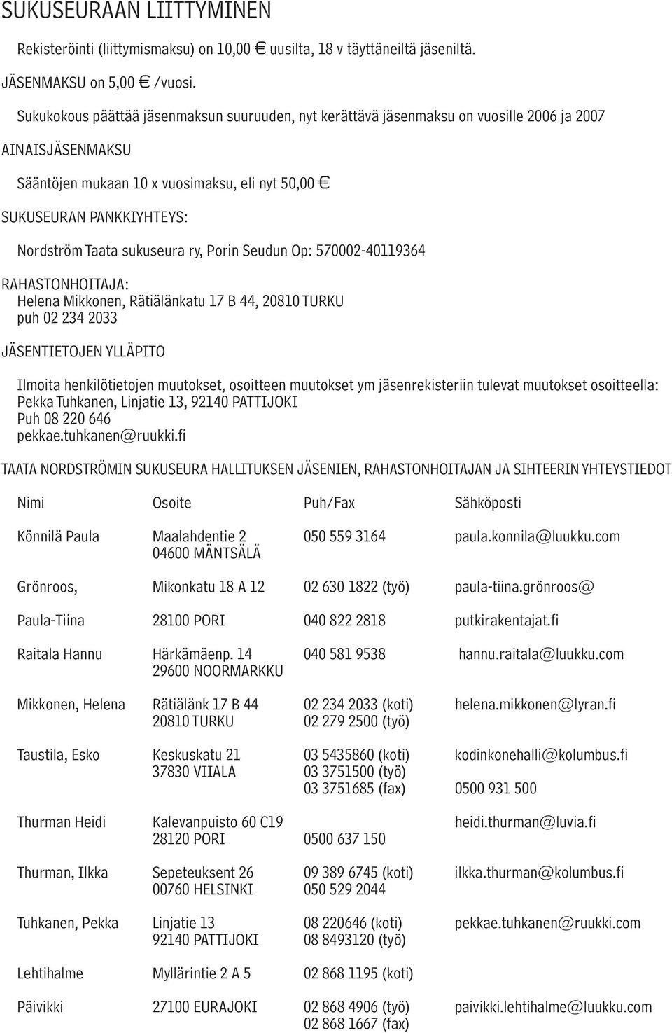 sukuseura ry, Porin Seudun Op: 570002-40119364 RAHASTONHOITAJA: Helena Mikkonen, Rätiälänkatu 17 B 44, 20810 TURKU puh 02 234 2033 JÄSENTIETOJEN YLLÄPITO Ilmoita henkilötietojen muutokset, osoitteen