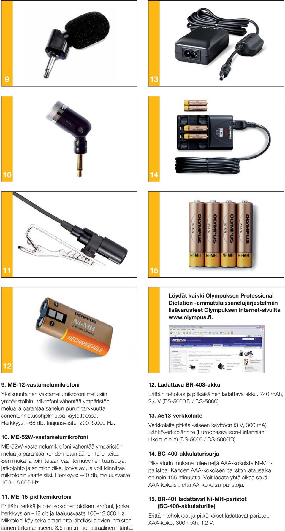 Herkkyys: 68 db, taajuusvaste: 200 5.000 Hz. 10. ME-52W-vastamelumikrofoni ME-52W-vastamelumikrofoni vähentää ympäristön melua ja parantaa kohdennetun äänen tallenteita.