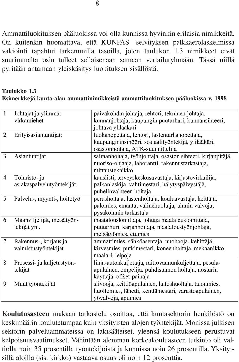 3 nimikkeet eivät suurimmalta osin tulleet sellaisenaan samaan vertailuryhmään. Tässä niillä pyritään antamaan yleiskäsitys luokituksen sisällöstä. Taulukko 1.