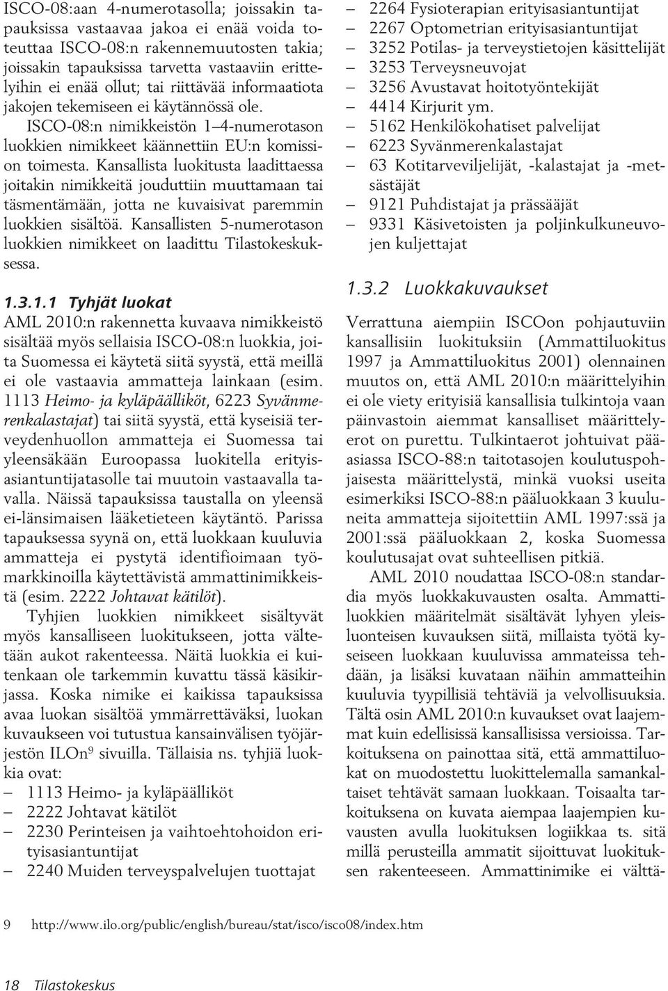 Kansallista luokitusta laadittaessa joitakin nimikkeitä jouduttiin muuttamaan tai täsmentämään, jotta ne kuvaisivat paremmin luokkien sisältöä.