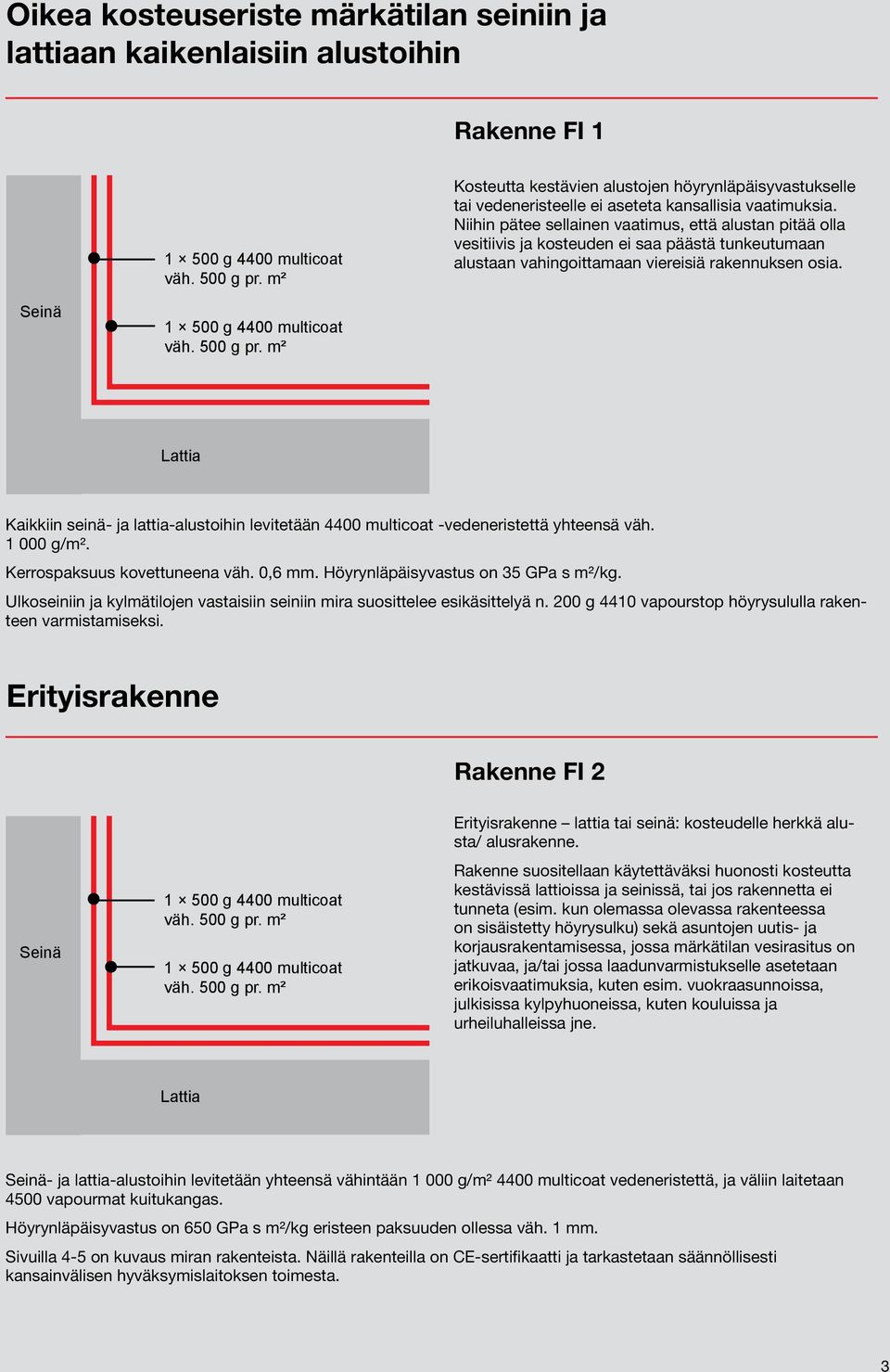 Seinä Lattia Kaikkiin seinä- ja lattia-alustoihin levitetään 4400 multicoat -vedeneristettä yhteensä väh. 1 000 g/m². Kerrospaksuus kovettuneena väh. 0,6 mm. Höyrynläpäisyvastus on 35 GPa s m²/kg.