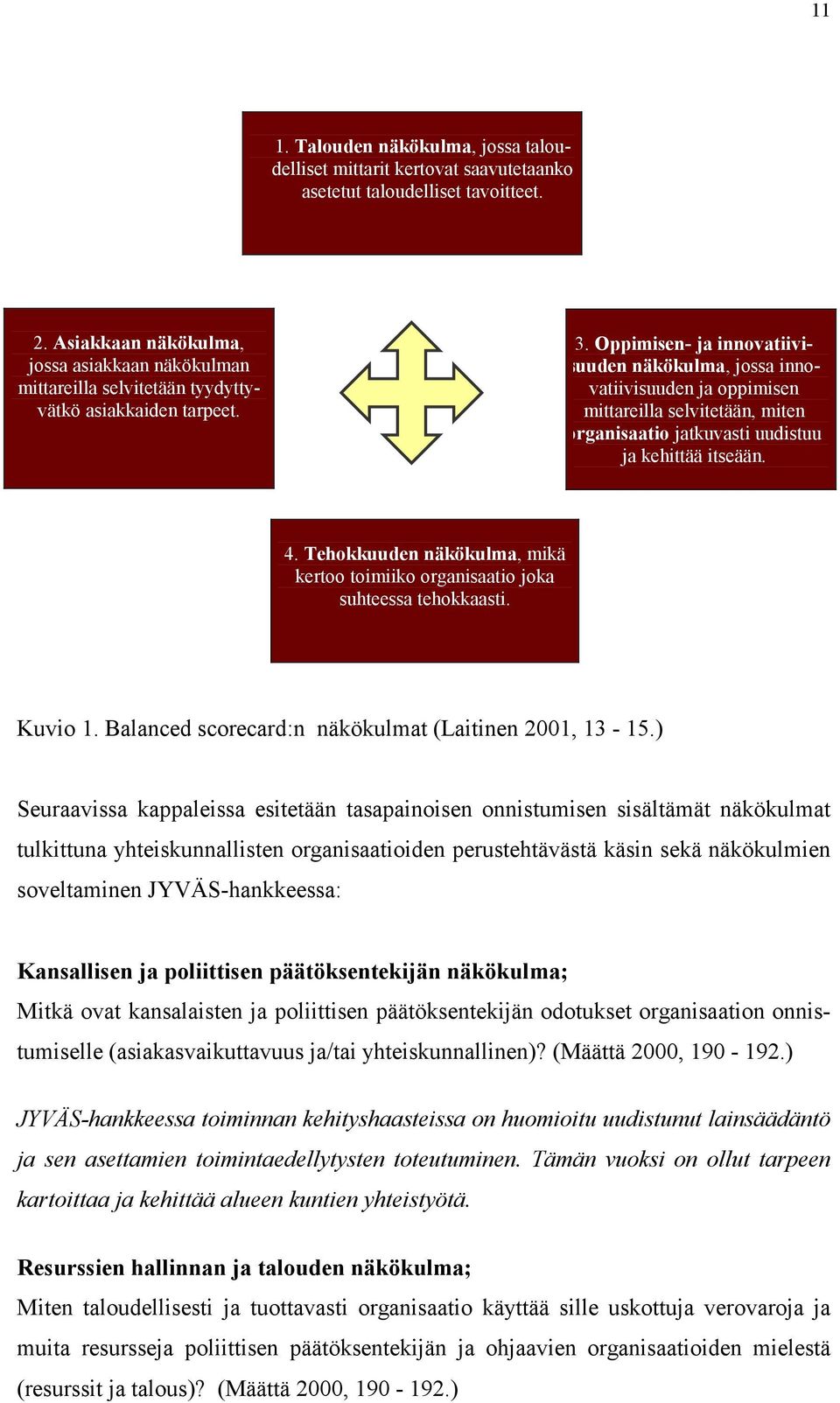 Oppimisen- ja innovatiivisuuden näkökulma, jossa innovatiivisuuden ja oppimisen mittareilla selvitetään, miten organisaatio jatkuvasti uudistuu ja kehittää itseään. 4.