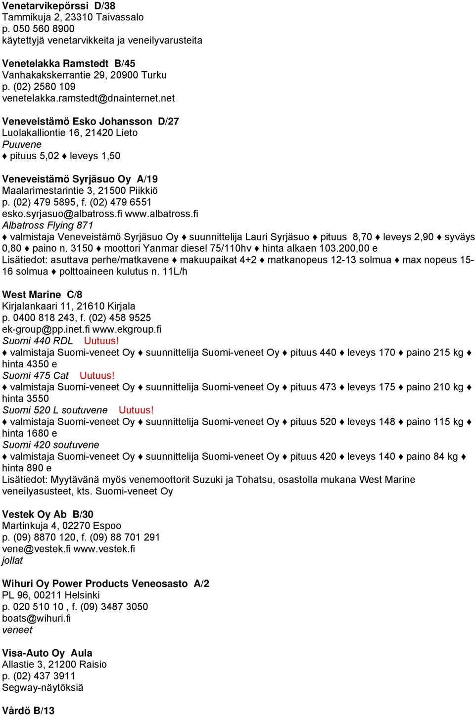 net Veneveistämö Esko Johansson D/27 Luolakalliontie 16, 21420 Lieto Puuvene pituus 5,02 leveys 1,50 Veneveistämö Syrjäsuo Oy A/19 Maalarimestarintie 3, 21500 Piikkiö p. (02) 479 5895, f.