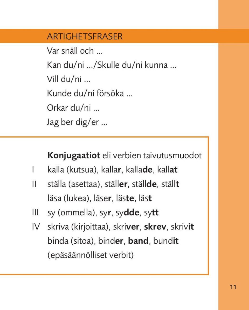 (asettaa), ställer, ställde, ställt läsa (lukea), läser, läste, läst III sy (ommella), syr, sydde, sytt IV