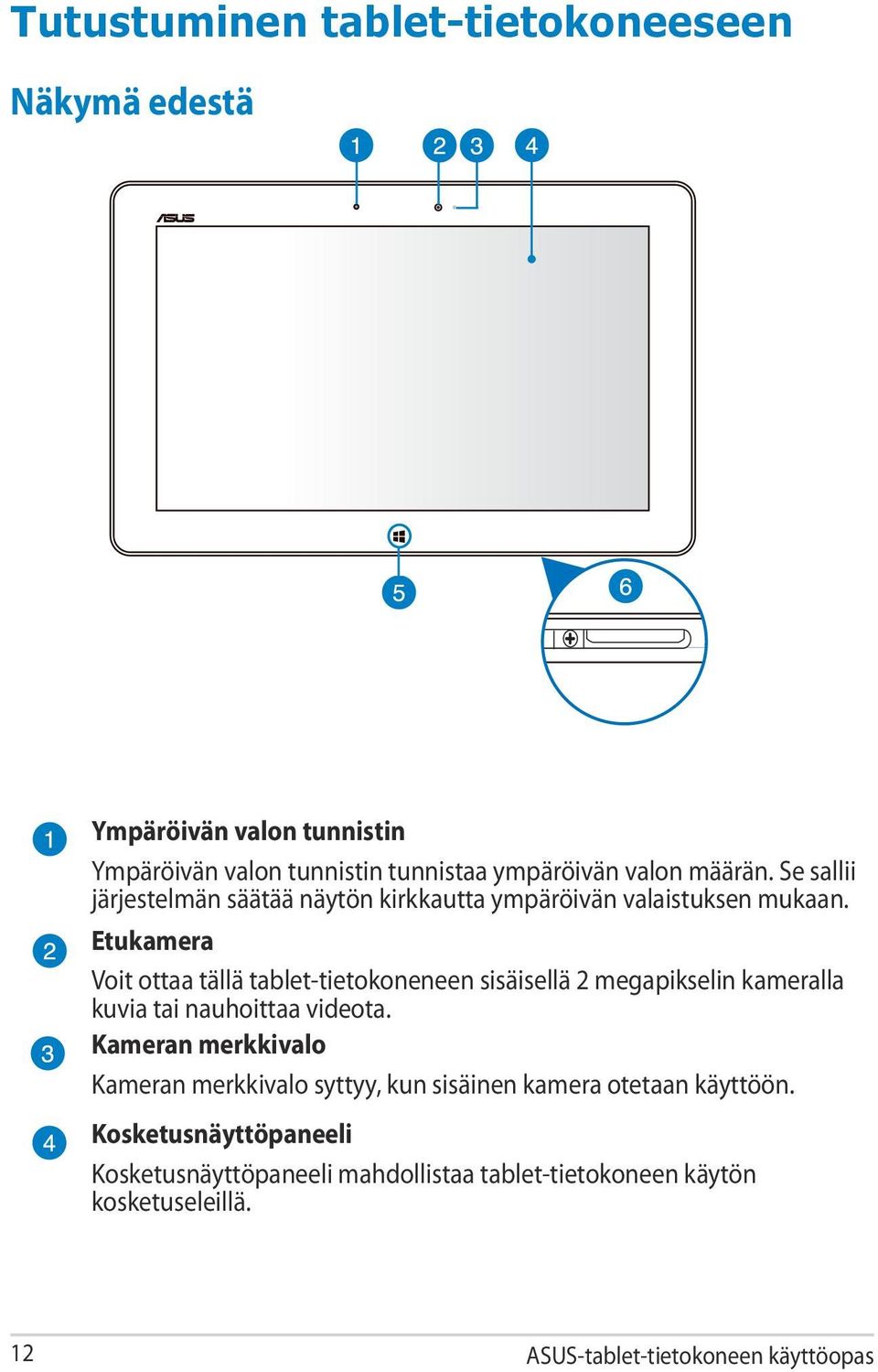 Etukamera Voit ottaa tällä tablet-tietokoneneen sisäisellä 2 megapikselin kameralla kuvia tai nauhoittaa videota.