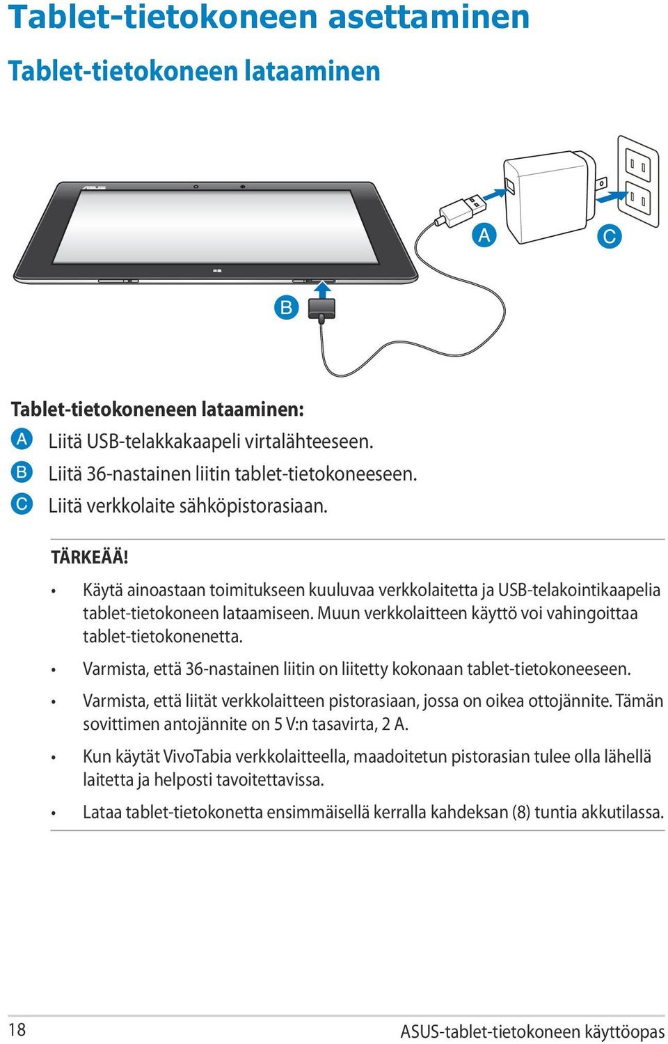 Muun verkkolaitteen käyttö voi vahingoittaa tablet-tietokonenetta. Varmista, että 36-nastainen liitin on liitetty kokonaan tablet-tietokoneeseen.