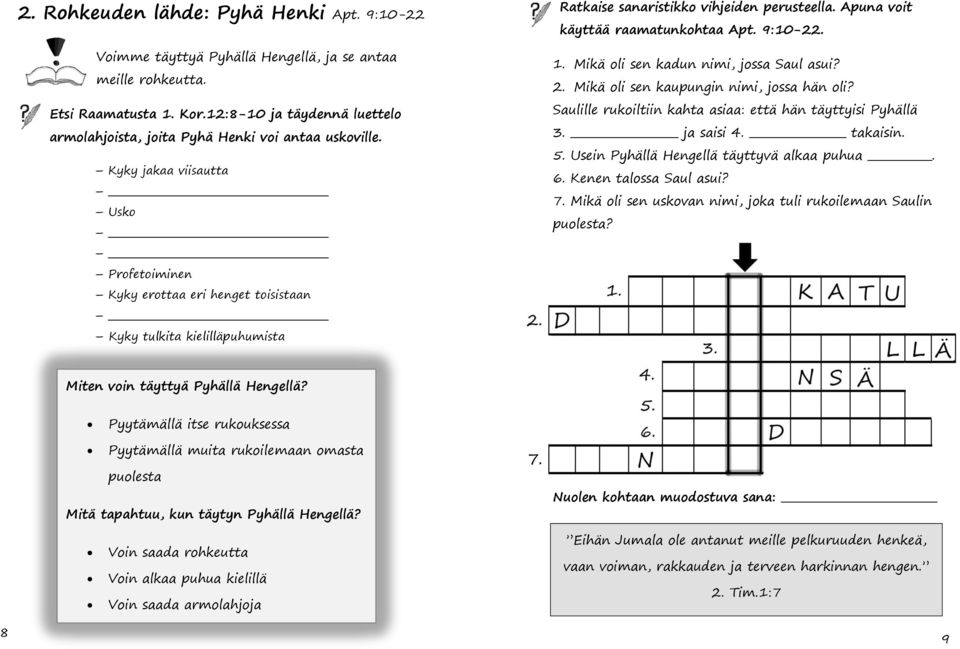 Kyky jakaa viisautta Usko Profetoiminen Kyky erottaa eri henget toisistaan Kyky tulkita kielilläpuhumista Ratkaise sanaristikko vihjeiden perusteella. Apuna voit käyttää raamatunkohtaa Apt. 9:10-22.