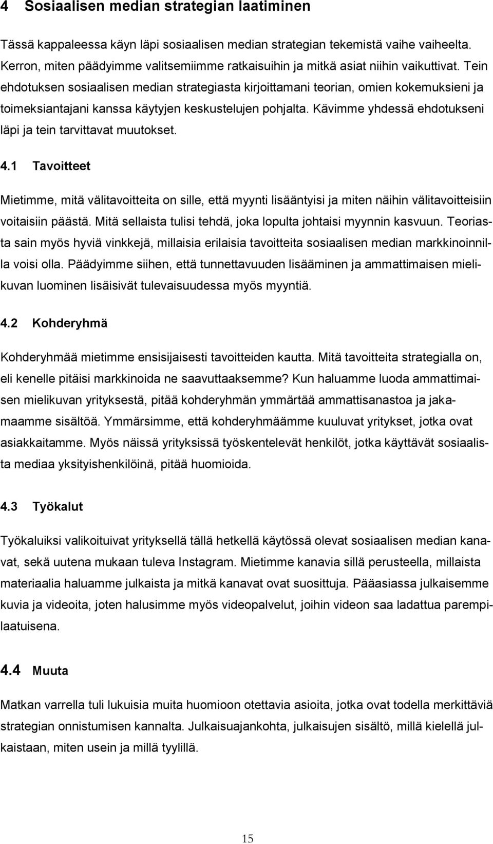 Tein ehdotuksen sosiaalisen median strategiasta kirjoittamani teorian, omien kokemuksieni ja toimeksiantajani kanssa käytyjen keskustelujen pohjalta.