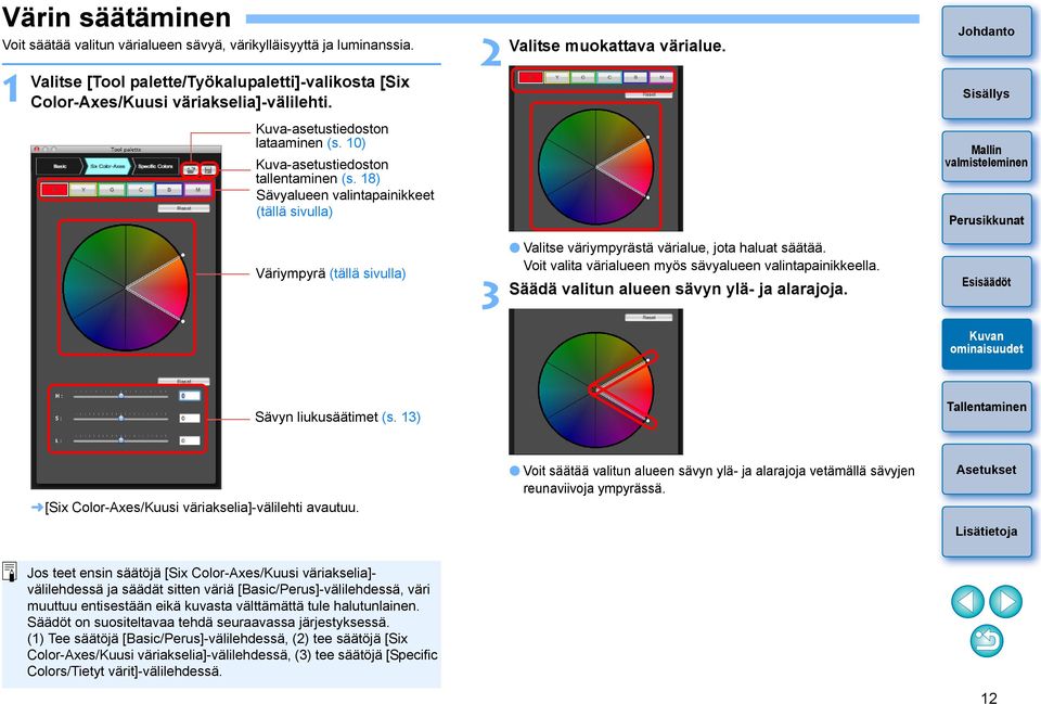 18) Sävyalueen valintapainikkeet (tällä sivulla) Väriympyrä (tällä sivulla) 3 Valitse väriympyrästä värialue, jota haluat säätää. Voit valita värialueen myös sävyalueen valintapainikkeella.