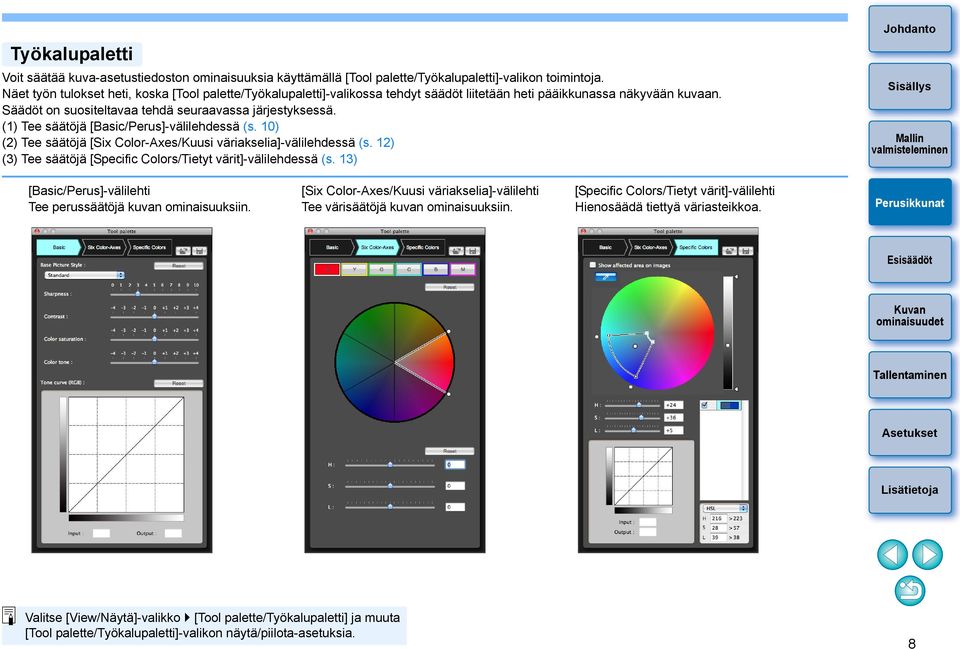 (1) Tee säätöjä [Basic/Perus]-välilehdessä (s. 10) (2) Tee säätöjä [Six Color-Axes/Kuusi väriakselia]-välilehdessä (s. 12) (3) Tee säätöjä [Specific Colors/Tietyt värit]-välilehdessä (s.