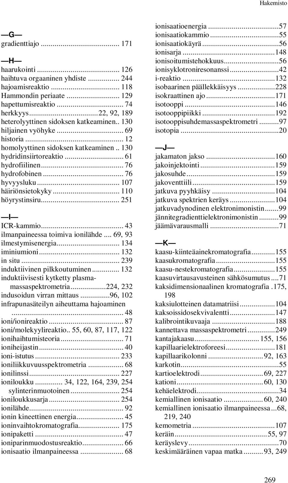 .. 76 hyvyysluku... 107 häiriönsietokyky... 110 höyrystinsiru... 251 I ICR-kammio... 43 ilmanpaineessa toimiva ionilähde... 69, 93 ilmestymisenergia... 134 iminiumioni... 132 in situ.