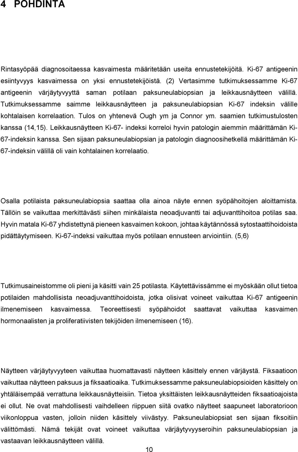 Tutkimuksessamme saimme leikkausnäytteen ja paksuneulabiopsian Ki-67 indeksin välille kohtalaisen korrelaation. Tulos on yhtenevä Ough ym ja Connor ym. saamien tutkimustulosten kanssa (14,15).