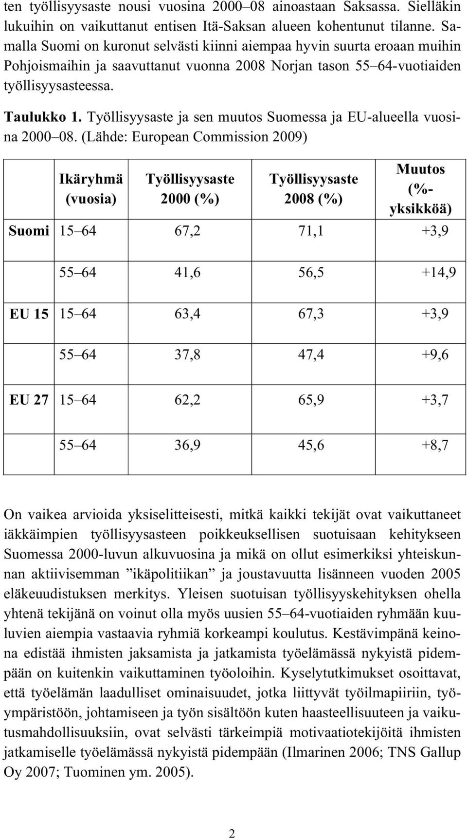 Työllisyysaste ja sen muutos Suomessa ja EU-alueella vuosina 2000 08.