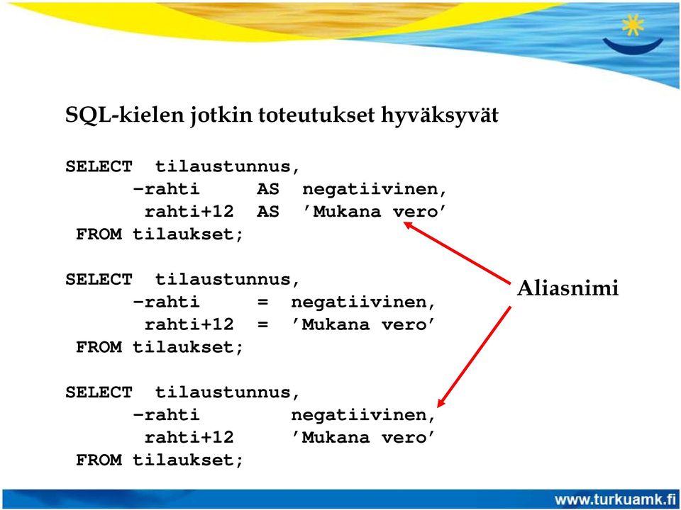 -rahti = negatiivinen, rahti+12 = Mukana vero FROM tilaukset; Aliasnimi