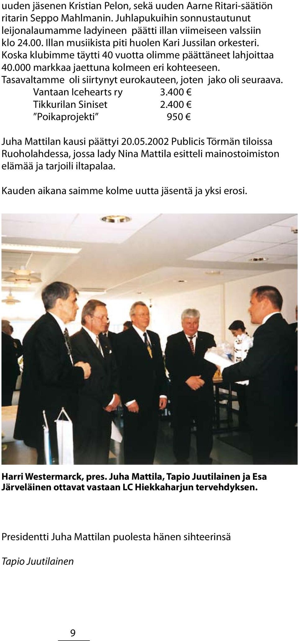 Tasavaltamme oli siirtynyt eurokauteen, joten jako oli seuraava. Vantaan Icehearts ry 3.400 Tikkurilan Siniset 2.400 Poikaprojekti 950 Juha Mattilan kausi päättyi 20.05.