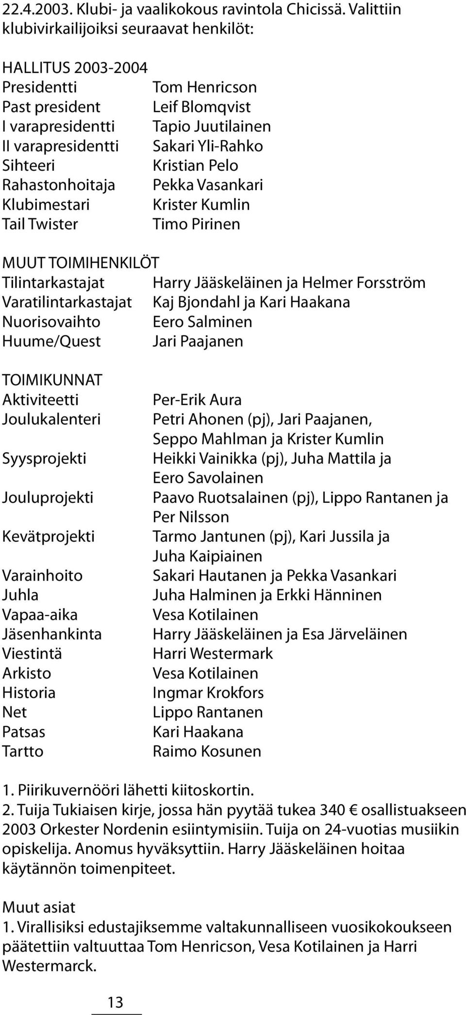 Sihteeri Kristian Pelo Rahastonhoitaja Pekka Vasankari Klubimestari Krister Kumlin Tail Twister Timo Pirinen MUUT TOIMIHENKILÖT Tilintarkastajat Harry Jääskeläinen ja Helmer Forsström