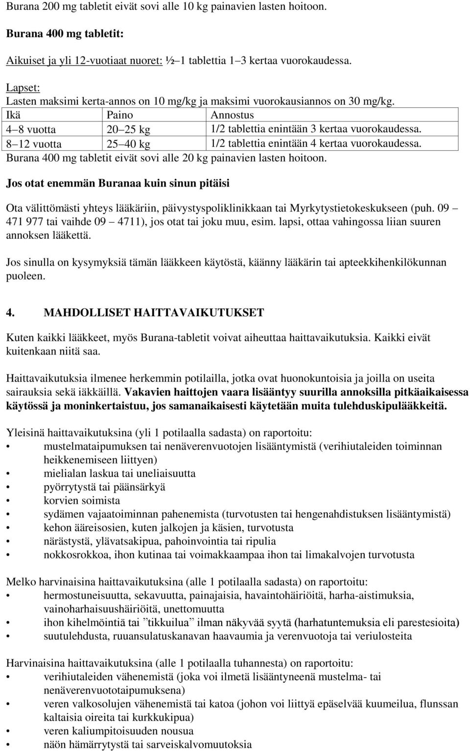 8 12 vuotta 25 40 kg 1/2 tablettia enintään 4 kertaa vuorokaudessa. Burana 400 mg tabletit eivät sovi alle 20 kg painavien lasten hoitoon.