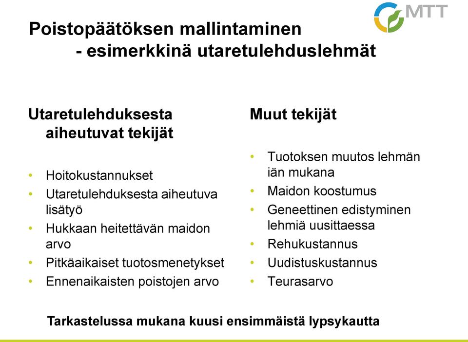 tuotosmenetykset Ennenaikaisten poistojen arvo Muut tekijät Tuotoksen muutos lehmän iän mukana Maidon koostumus