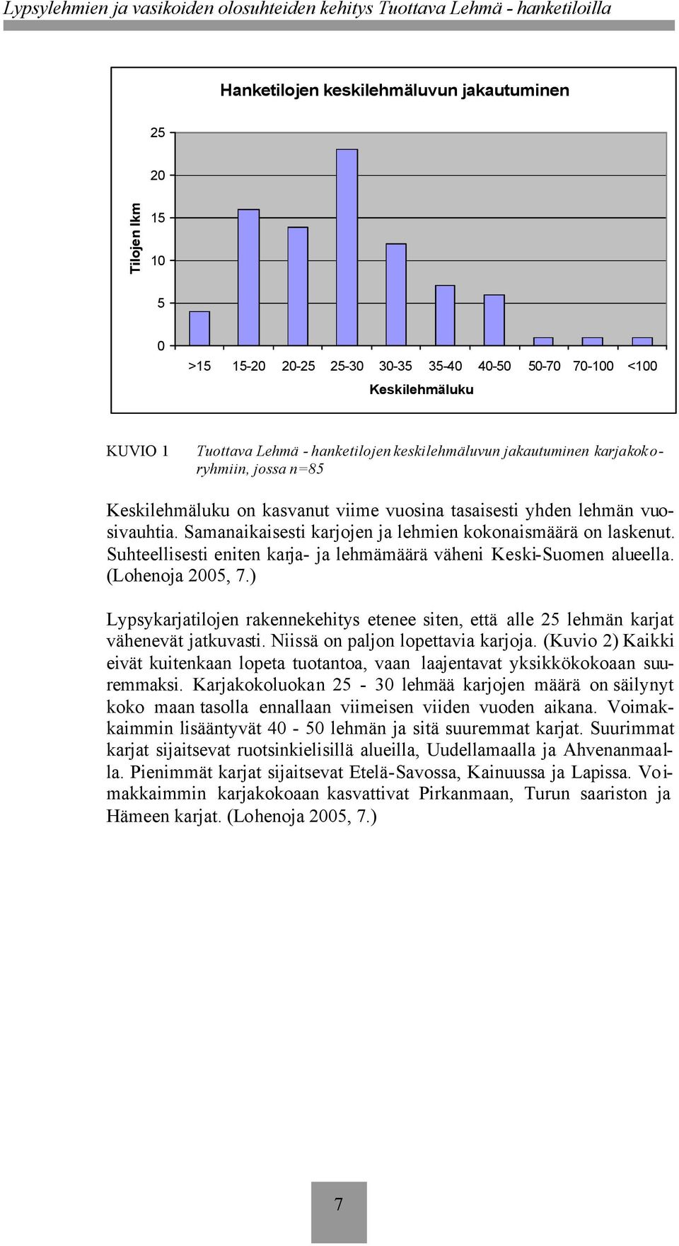 Suhteellisesti eniten karja- ja lehmämäärä väheni Keski-Suomen alueella. (Lohenoja 2005, 7.) Lypsykarjatilojen rakennekehitys etenee siten, että alle 25 lehmän karjat vähenevät jatkuvasti.