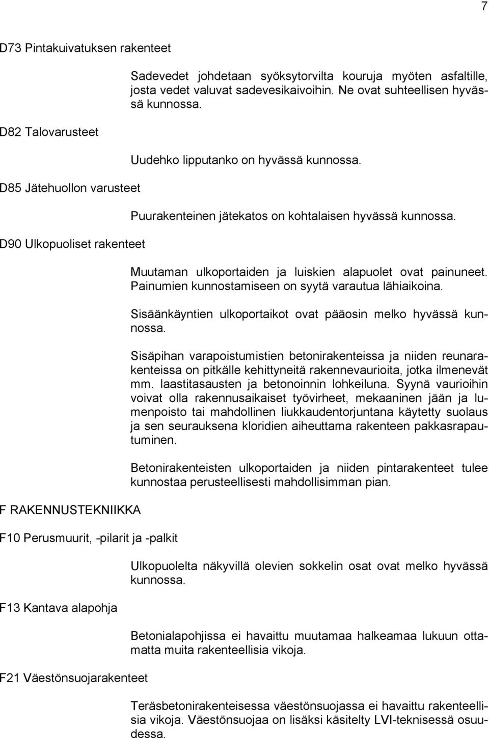 Uudehko lipputanko on hyvässä kunnossa. Puurakenteinen jätekatos on kohtalaisen hyvässä kunnossa. Muutaman ulkoportaiden ja luiskien alapuolet ovat painuneet.