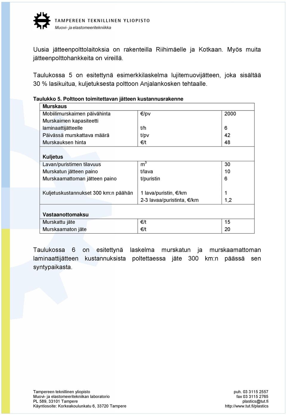 Polttoon toimitettavan jätteen kustannusrakenne Murskaus Mobiilimurskaimen päivähinta /pv 2000 Murskaimen kapasiteetti laminaattijätteelle t/h 6 Päivässä murskattava määrä t/pv 42 Murskauksen hinta