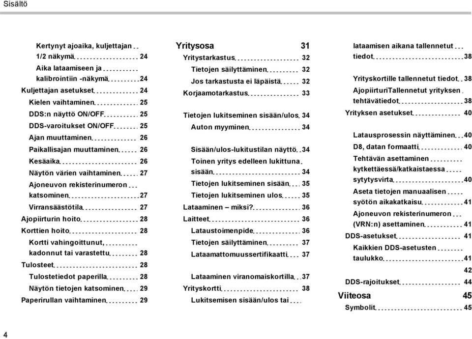 vahingoittunut, kadonnut tai varastettu 28 Tulosteet 28 Tulostetiedot paperilla 28 Näytön tietojen katsominen 29 Paperirullan vaihtaminen 29 Yritysosa 31 Yritystarkastus 32 Tietojen säilyttäminen 32