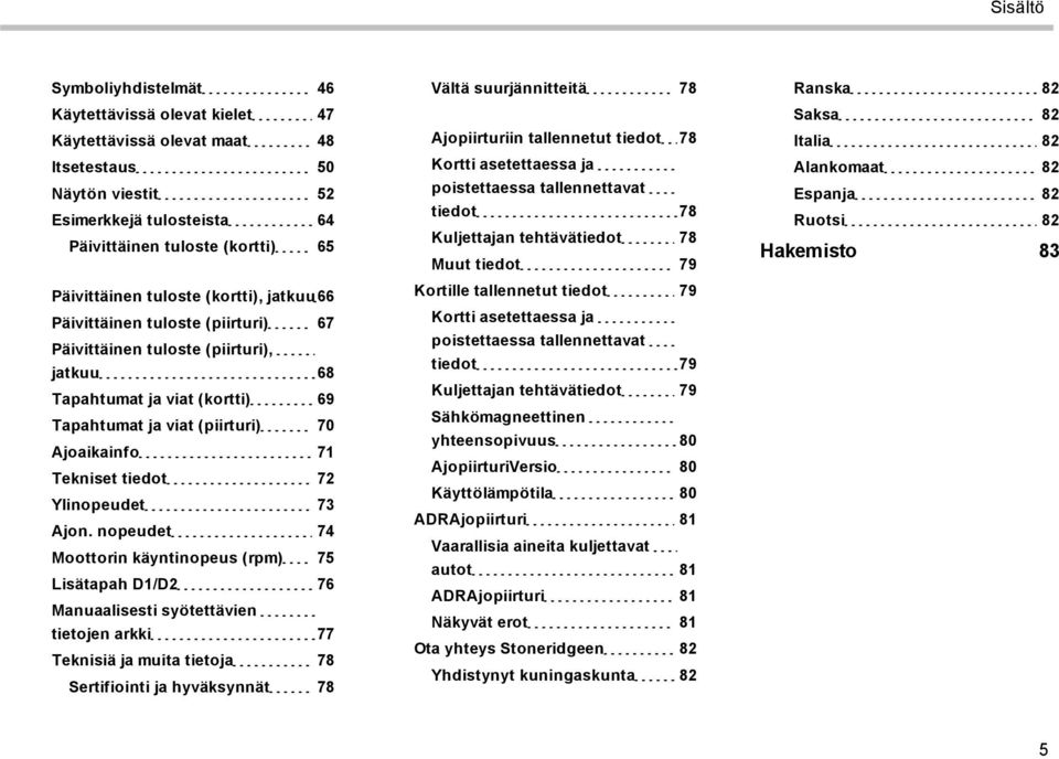 tiedot 72 Ylinopeudet 73 Ajon.