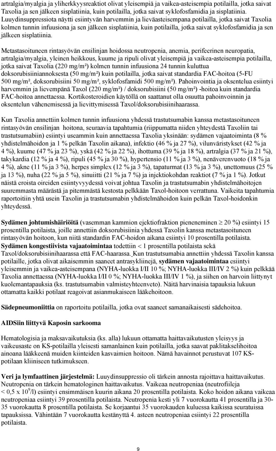 Luuydinsuppressiota näytti esiintyvän harvemmin ja lieväasteisempana potilailla, jotka saivat Taxolia kolmen tunnin infuusiona ja sen jälkeen sisplatiinia, kuin potilailla, jotka saivat