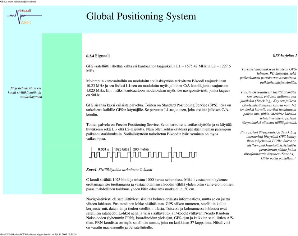 23 MHz ja sen lisäksi L1:een on moduloitu myös julkinen C/A-koodi, jonka taajuus on 1.023 MHz. Em. lisäksi kantoaaltoon moduloidaan myös itse navigointiviesti, jonka taajuus on 50Hz.