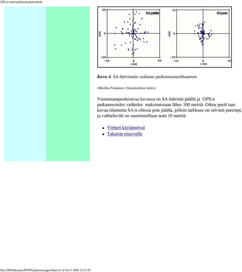 SA-häirintä päällä ja GPS:n paikannustulos vaihtelee maksimissaan lähes 100 metriä.