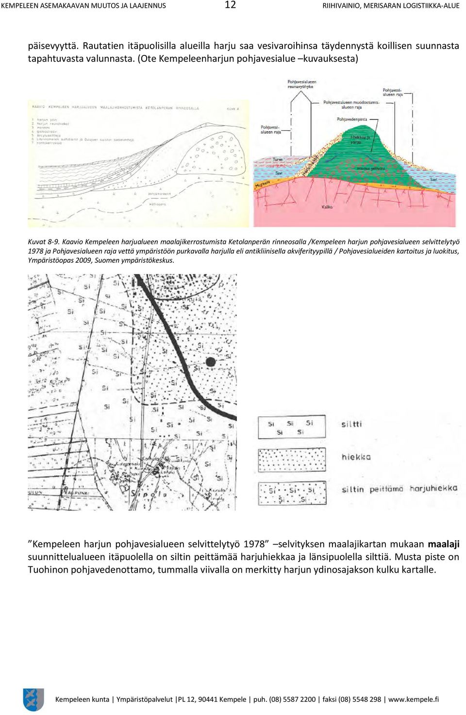 Kaavio Kempeleen harjualueen maalajikerrostumista Ketolanperän rinneosalla /Kempeleen harjun pohjavesialueen selvittelytyö 1978 ja Pohjavesialueen raja vettä ympäristöön purkavalla harjulla eli