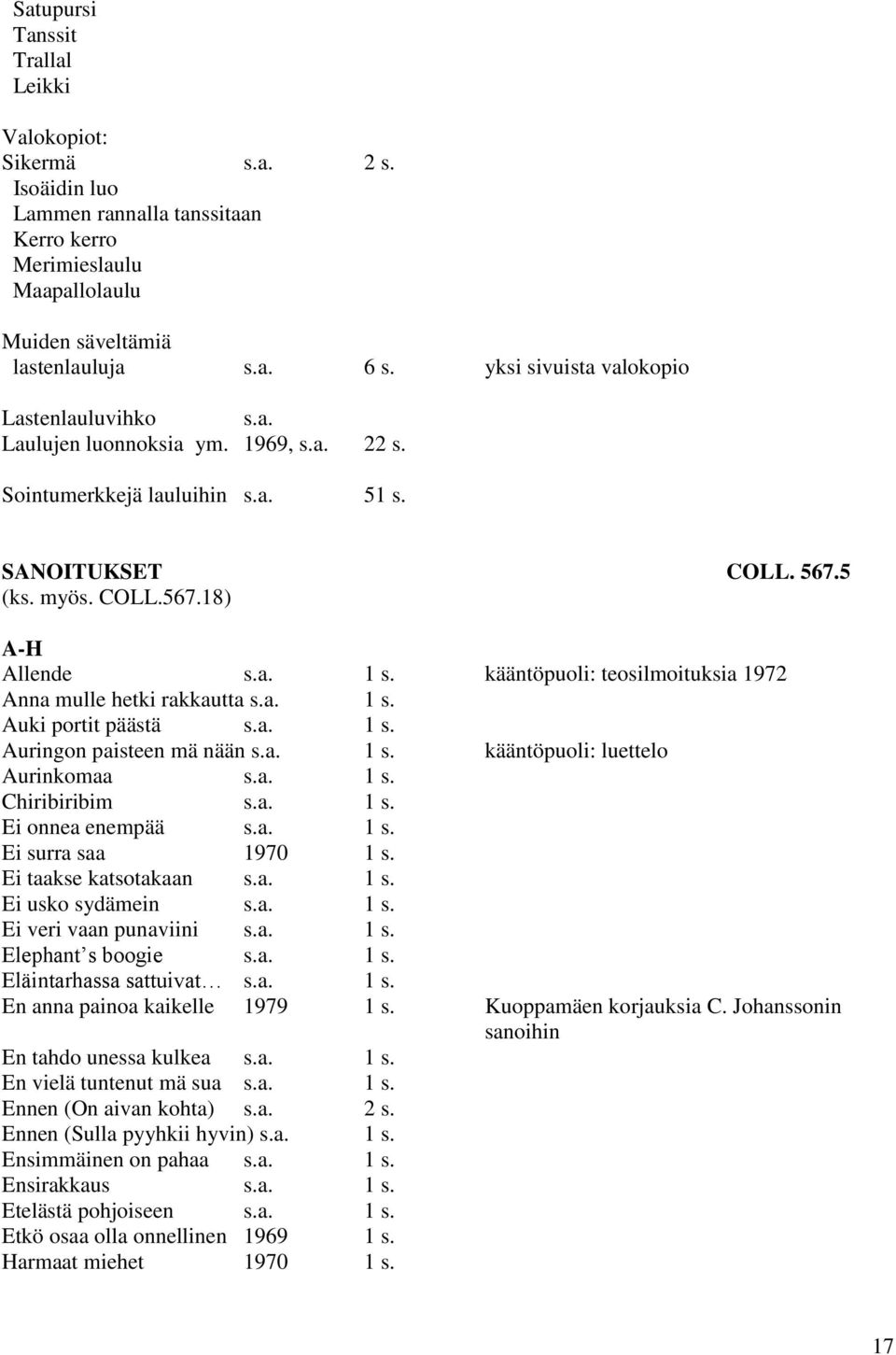 kääntöpuoli: teosilmoituksia 1972 Anna mulle hetki rakkautta s.a. 1 s. Auki portit päästä s.a. 1 s. Auringon paisteen mä nään s.a. 1 s. kääntöpuoli: luettelo Aurinkomaa s.a. 1 s. Chiribiribim s.a. 1 s. Ei onnea enempää s.