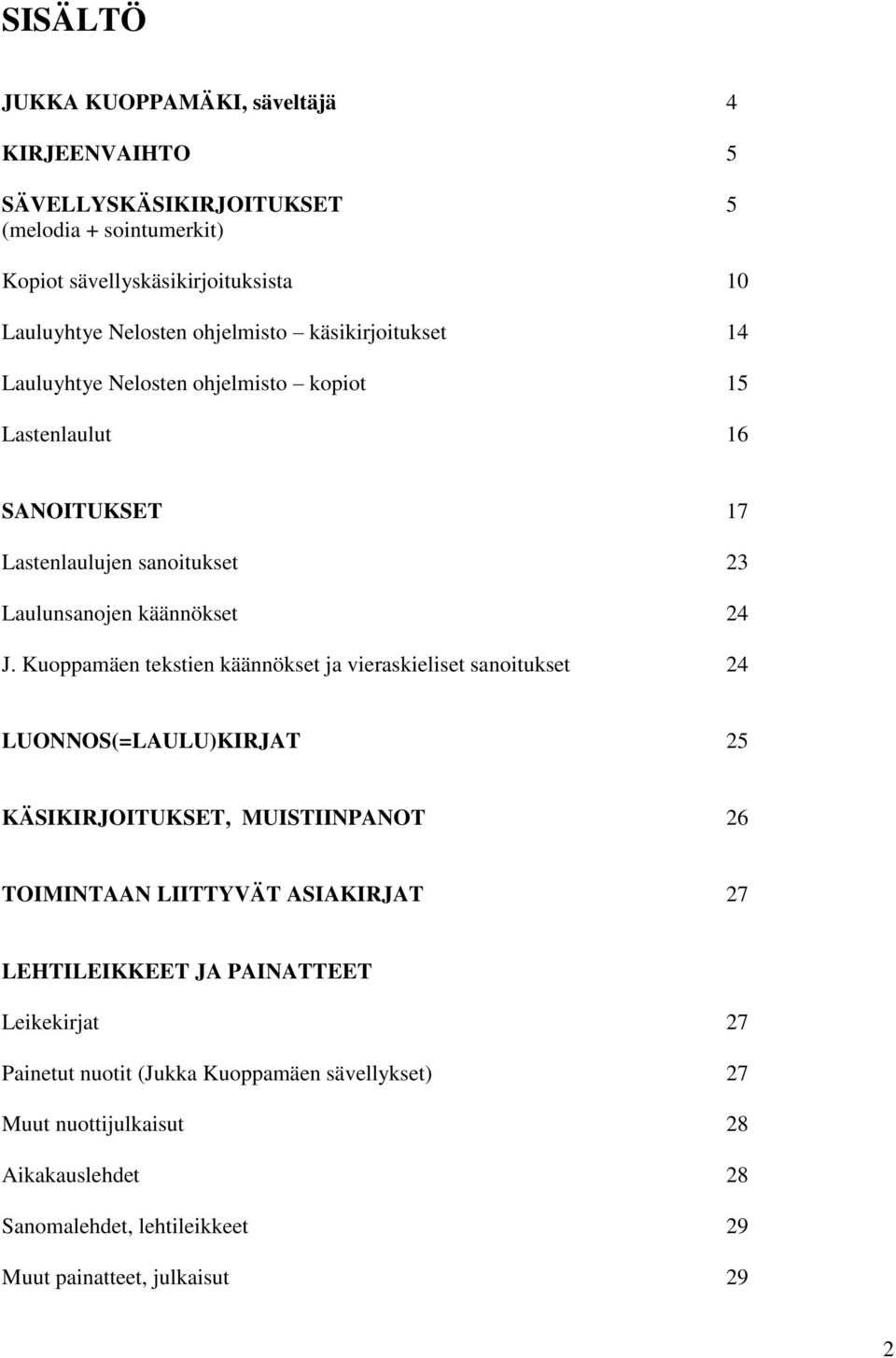 Kuoppamäen tekstien käännökset ja vieraskieliset sanoitukset 24 LUONNOS(=LAULU)KIRJAT 25 KÄSIKIRJOITUKSET, MUISTIINPANOT 26 TOIMINTAAN LIITTYVÄT ASIAKIRJAT 27