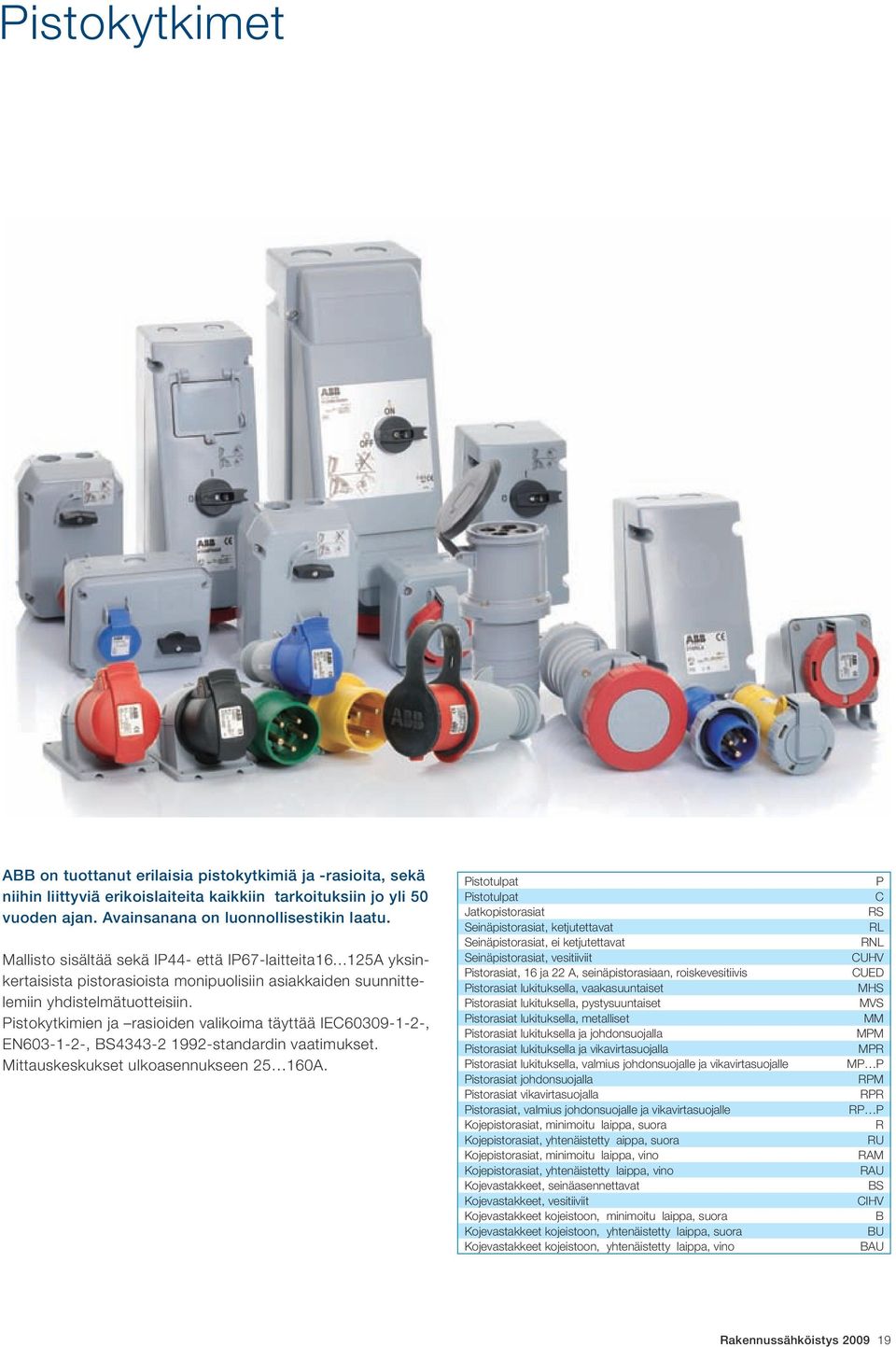 Pistokytkimien ja rasioiden valikoima täyttää IEC60309, EN603, BS4343 99standardin vaatimukset. Mittaus keskukset ulkoasennukseen 5 60.