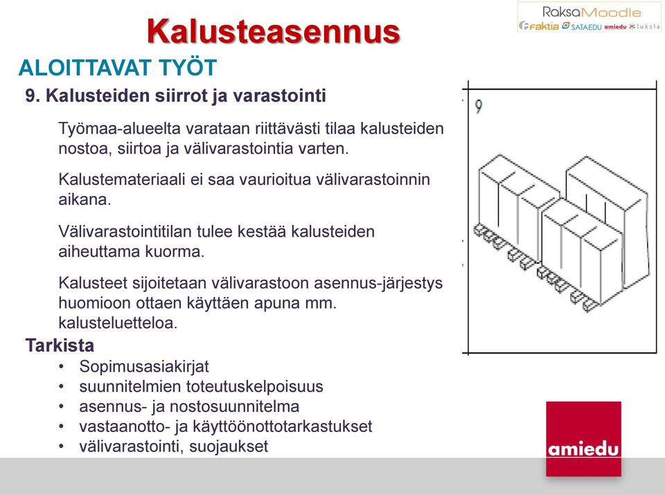 Kalustemateriaali ei saa vaurioitua välivarastoinnin aikana. Välivarastointitilan tulee kestää kalusteiden aiheuttama kuorma.