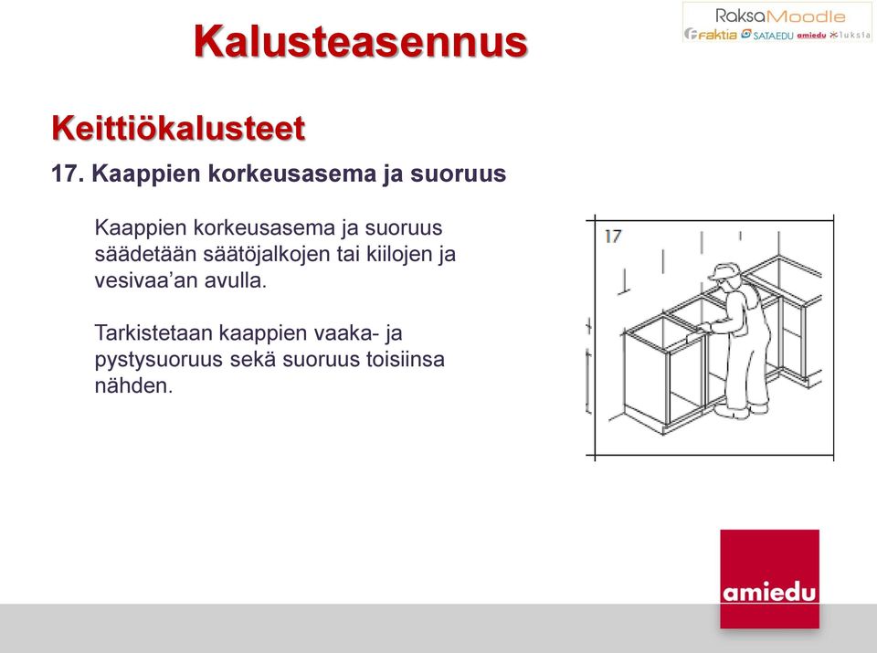 ja suoruus säädetään säätöjalkojen tai kiilojen ja