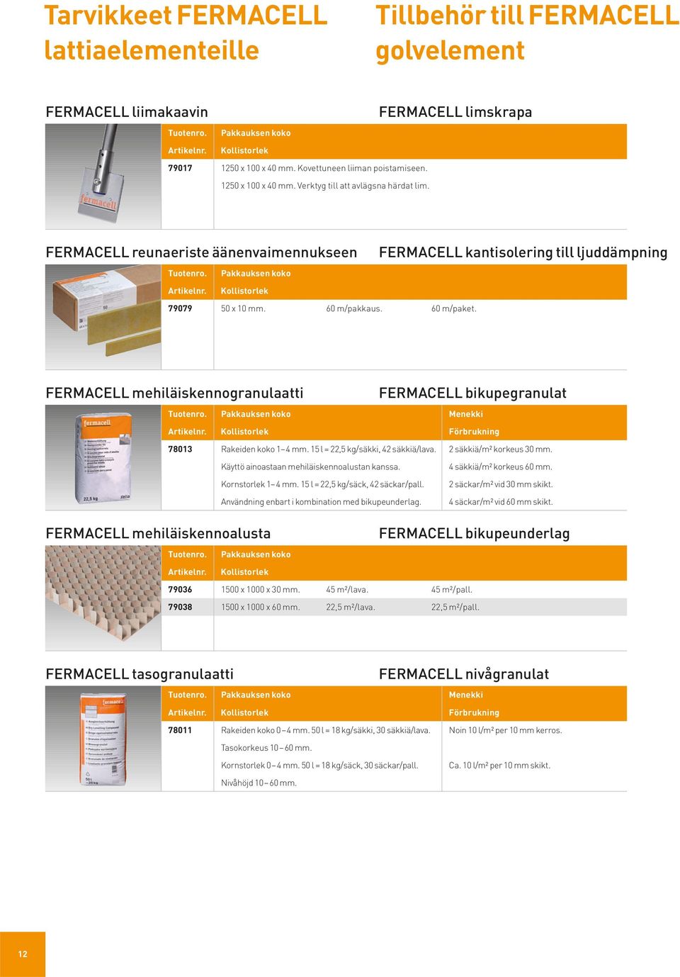 56,78 FERMACELL mehiläiskennogranulaatti FERMACELL bikupegranulat 78013 Rakeiden koko 1 4 mm. 15 l = 22,5 kg/säkki, 42 säkkiä/lava. 2 säkkiä/m2 korkeus 30 mm.