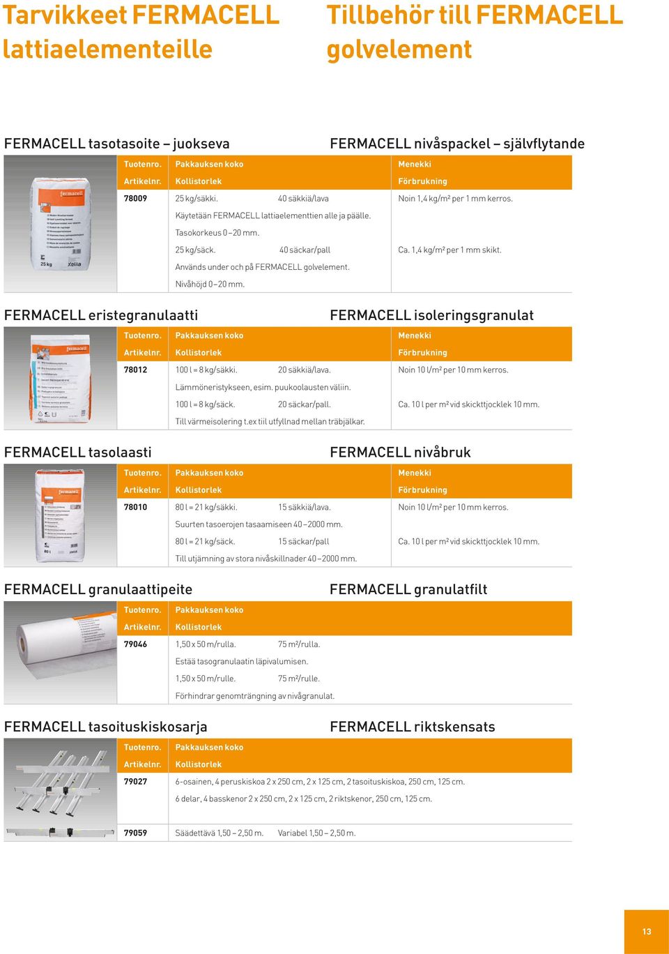 Används under och på FERMACELL golvelement. Nivåhöjd 0 20 mm. FERMACELL eristegranulaatti FERMACELL isoleringsgranulat 78012 100 l = 8 kg/säkki. 20 säkkiä/lava. Noin 10 l/m2 per 10 mm kerros.