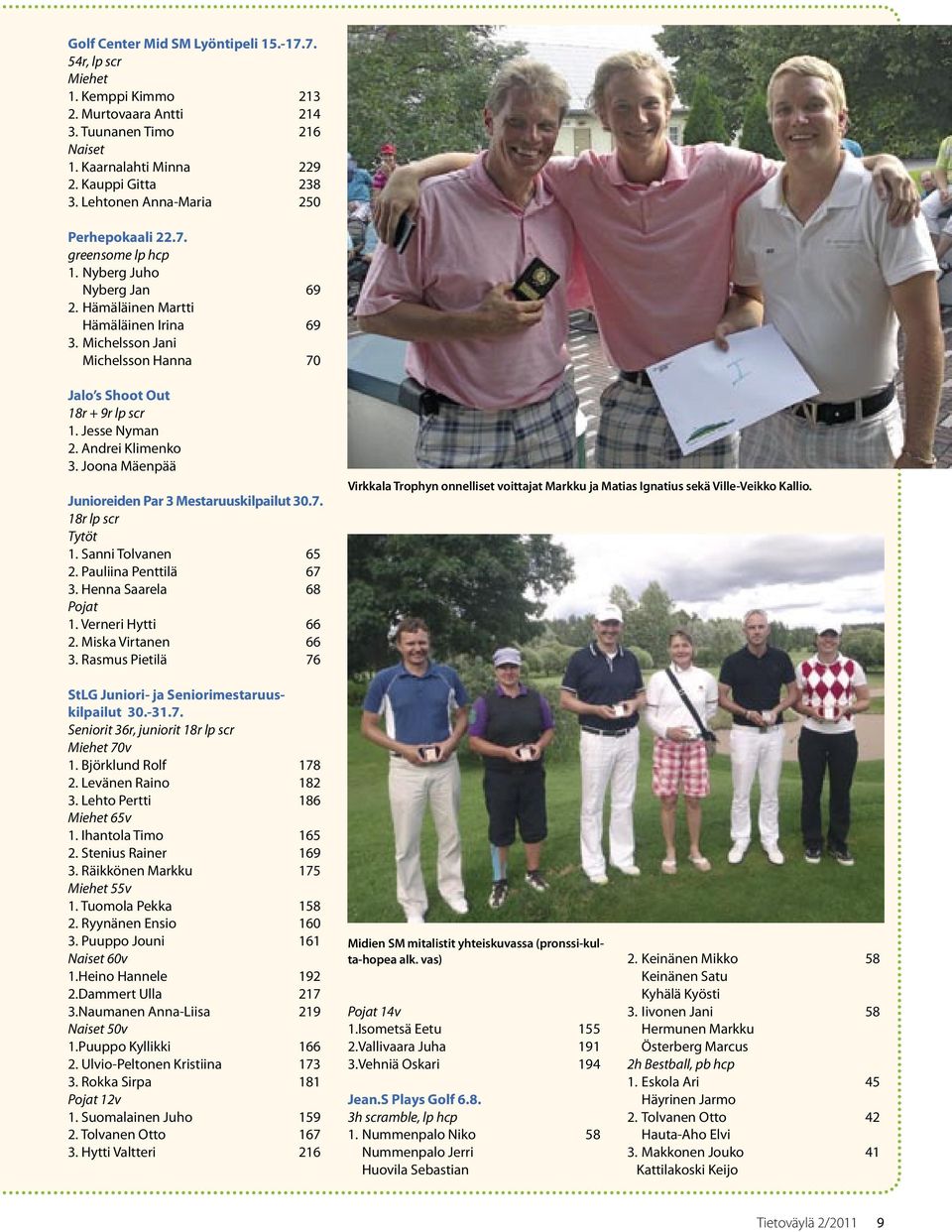 Michelsson Jani Michelsson Hanna 70 Jalo s Shoot Out 18r + 9r lp scr 1. Jesse Nyman 2. Andrei Klimenko 3. Joona Mäenpää Junioreiden Par 3 Mestaruuskilpailut 30.7. 18r lp scr Tytöt 1.