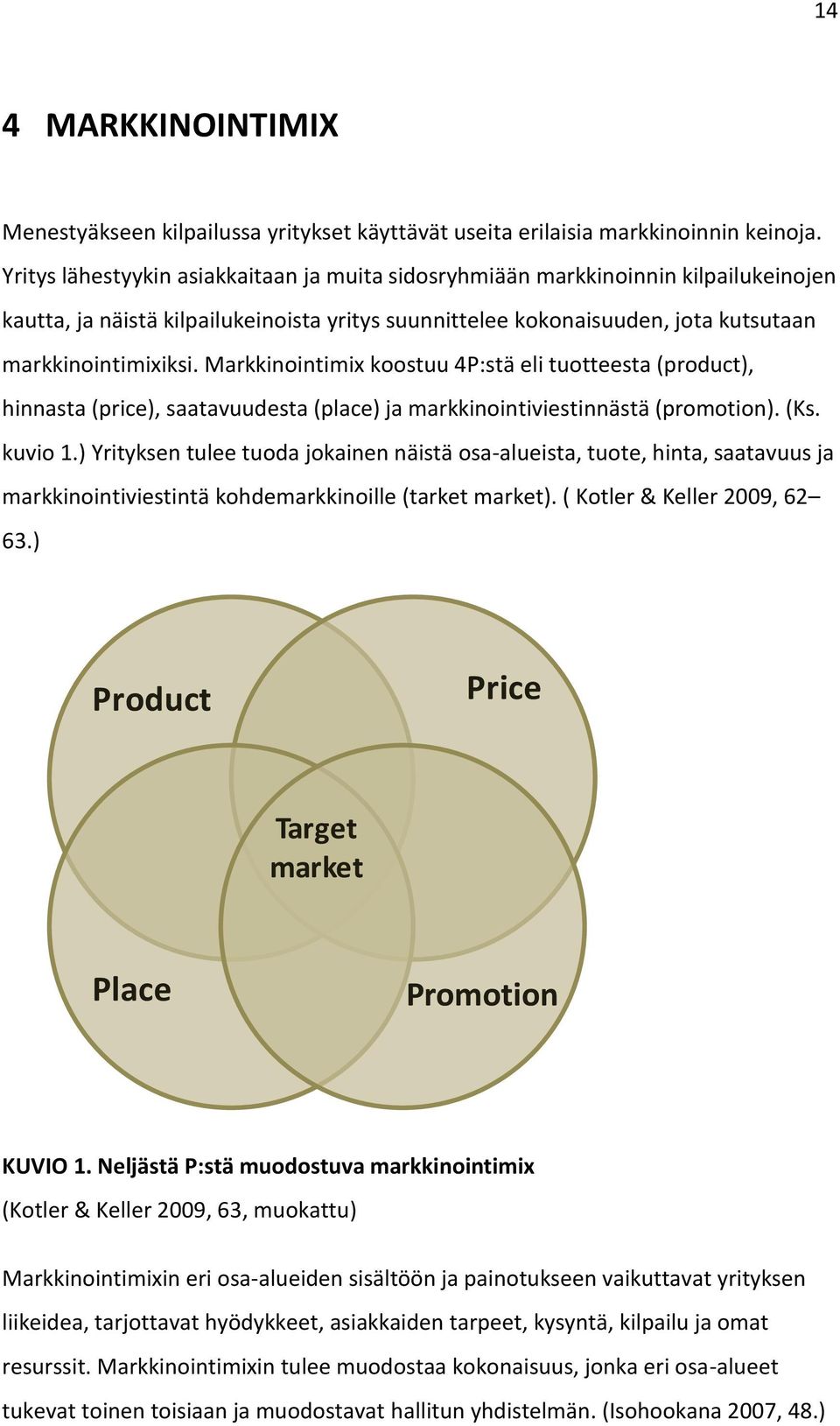 Markkinointimix koostuu 4P:stä eli tuotteesta (product), hinnasta (price), saatavuudesta (place) ja markkinointiviestinnästä (promotion). (Ks. kuvio 1.