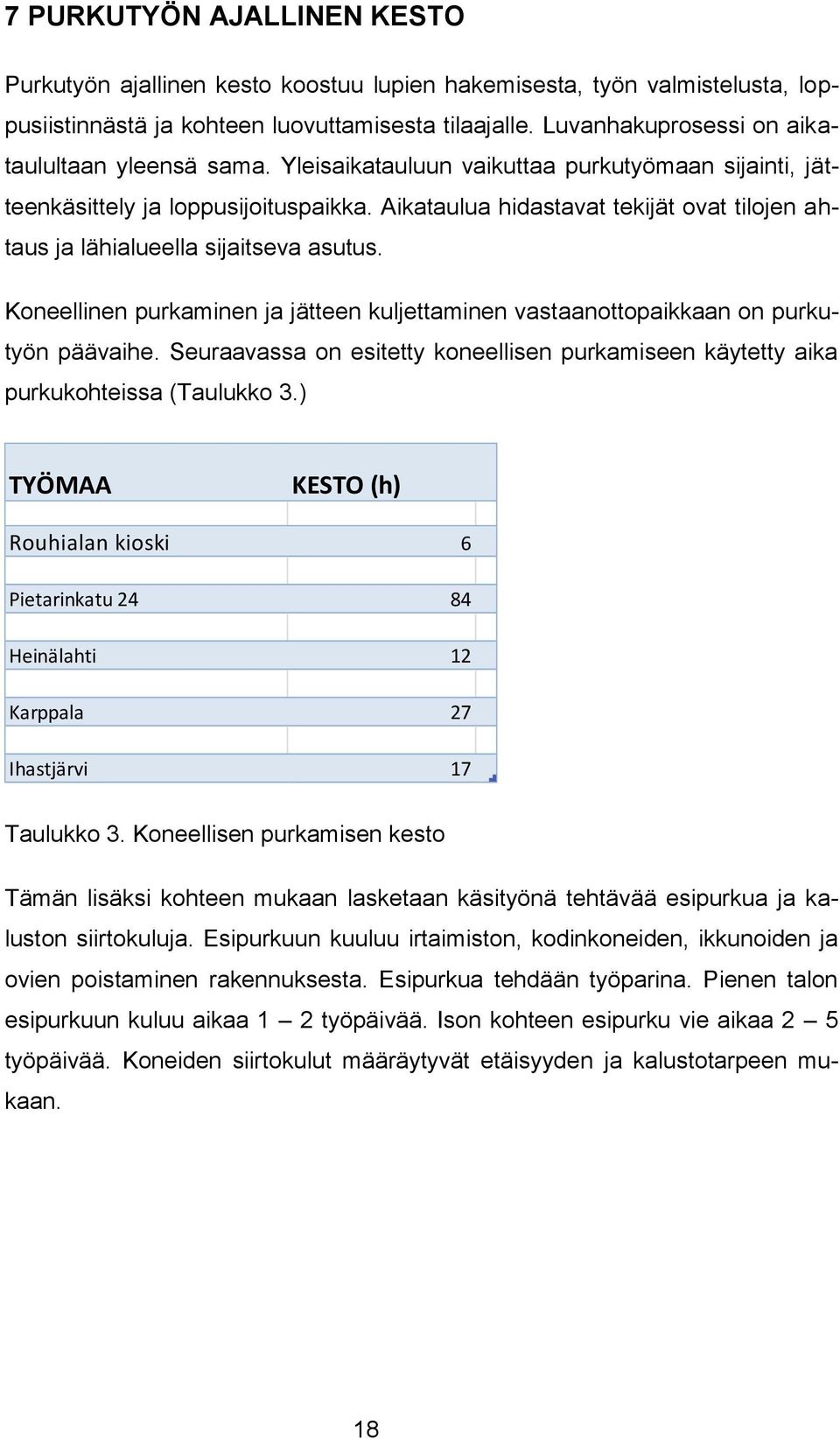 Aikataulua hidastavat tekijät ovat tilojen ahtaus ja lähialueella sijaitseva asutus. Koneellinen purkaminen ja jätteen kuljettaminen vastaanottopaikkaan on purkutyön päävaihe.