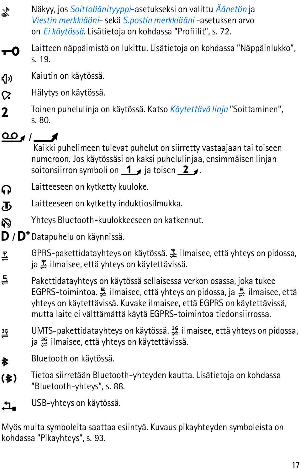 / Kaikki puhelimeen tulevat puhelut on siirretty vastaajaan tai toiseen numeroon. Jos käytössäsi on kaksi puhelulinjaa, ensimmäisen linjan soitonsiirron symboli on ja toisen.