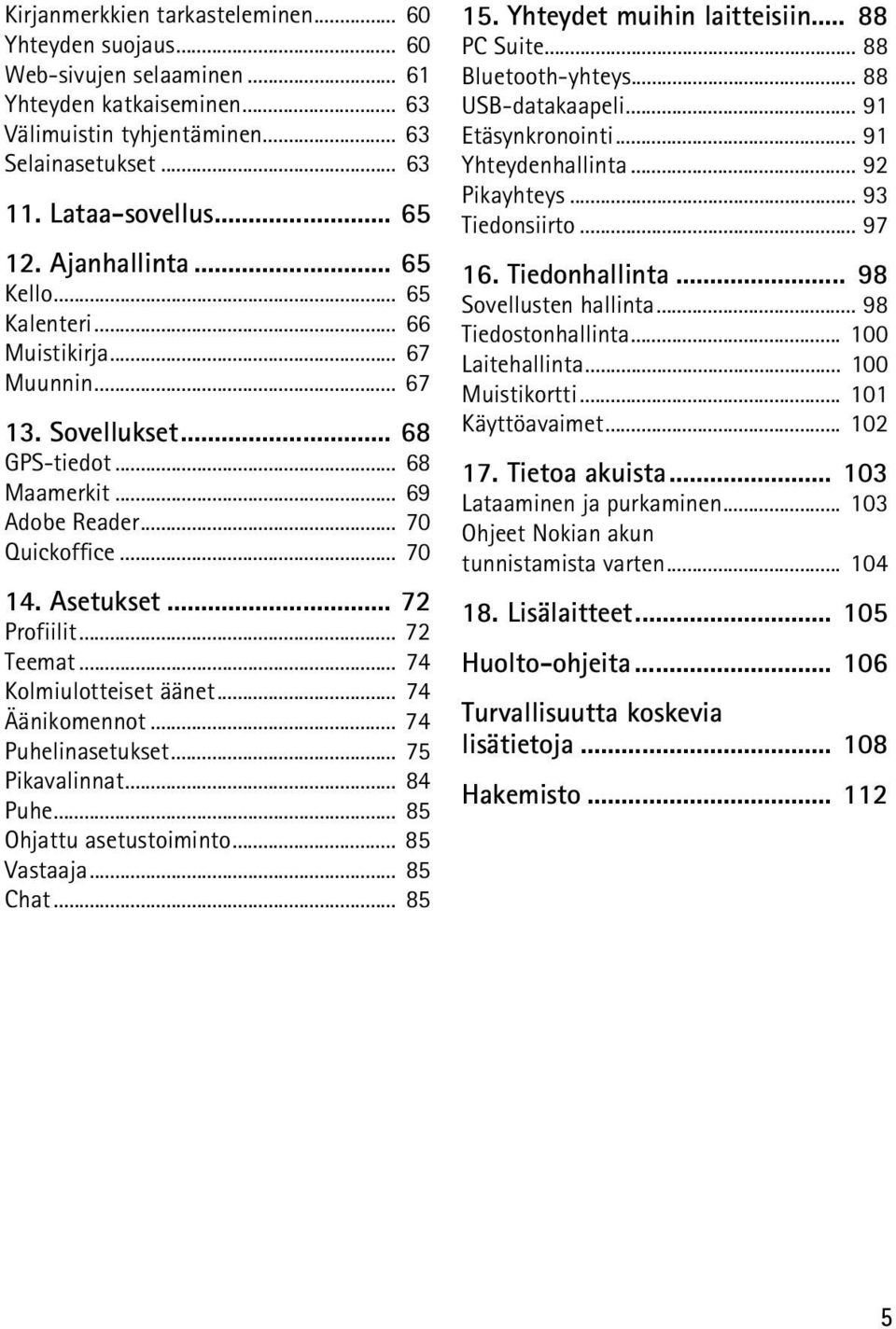 .. 72 Teemat... 74 Kolmiulotteiset äänet... 74 Äänikomennot... 74 Puhelinasetukset... 75 Pikavalinnat... 84 Puhe... 85 Ohjattu asetustoiminto... 85 Vastaaja... 85 Chat... 85 15.